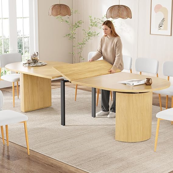 weselon 42"-120" Extendable Dining Table for 4-14, Expandable Oval Dining Room Table with Fluted Pedestal Base & Reinforced Metal Support Leg, Extra Large Modern Kitchen Table (Natural)