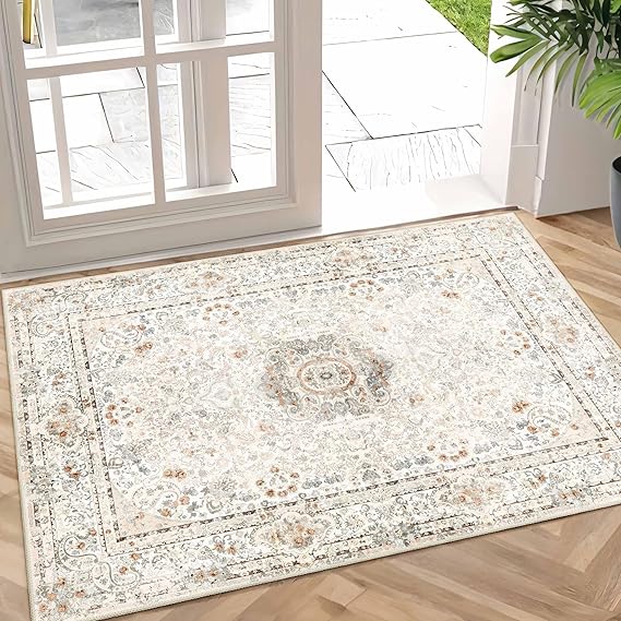 Small Rugs 2x3,Boho Rug for Entryway Bathroom Bedroom Kitchen Entrance Doormat,Vintage Bohemian Distressed Washable Accent Floor Throw Carpet Non Slip,Beige