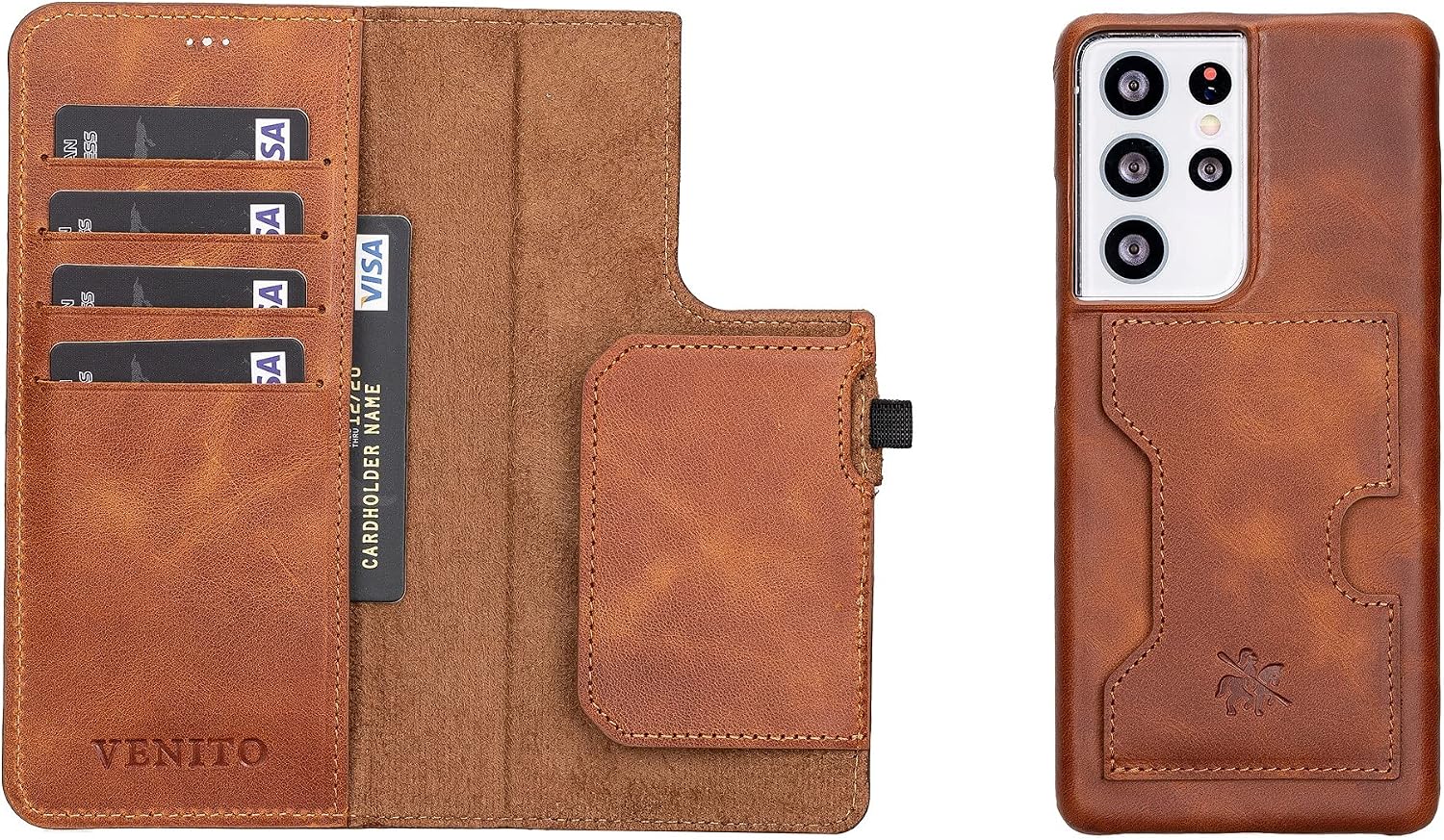 Venito Florence Leather Wallet Phone Case Compatible with Samsung Galaxy S21 Ultra - Extra Secure with RFID Blocking - Detachable Phone Wallet Antique Brown