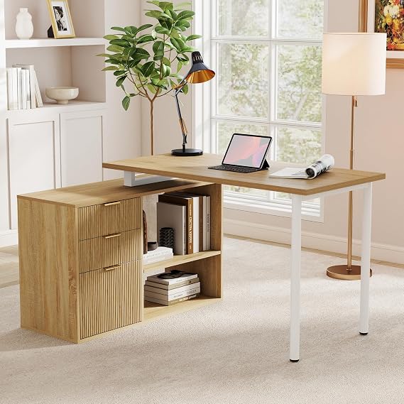 L Shaped Desks with Drawers: 53" Oak Corner Desk for Small Space