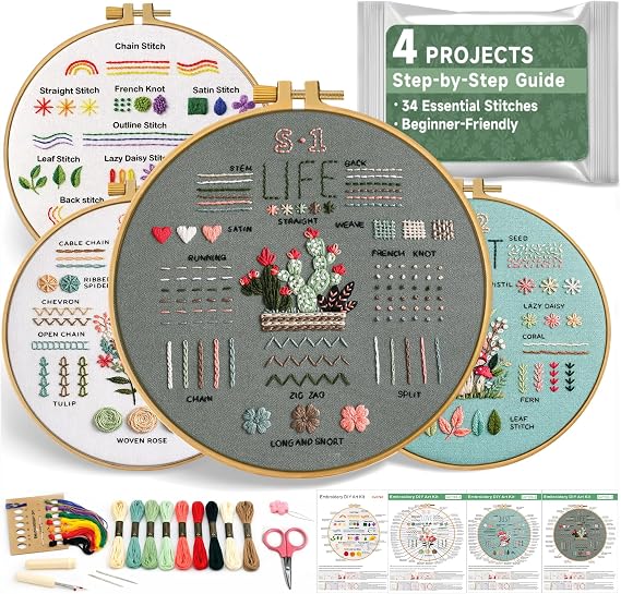 Bofoho 4 Pack Starter Embroidery Kit for Beginners All-in-One Stitch Practice Kit with Simple Patterns, Learn 34 Embroidery Stitches with Step-by-Step Guide & Video, Craft Gift Adults & Teens