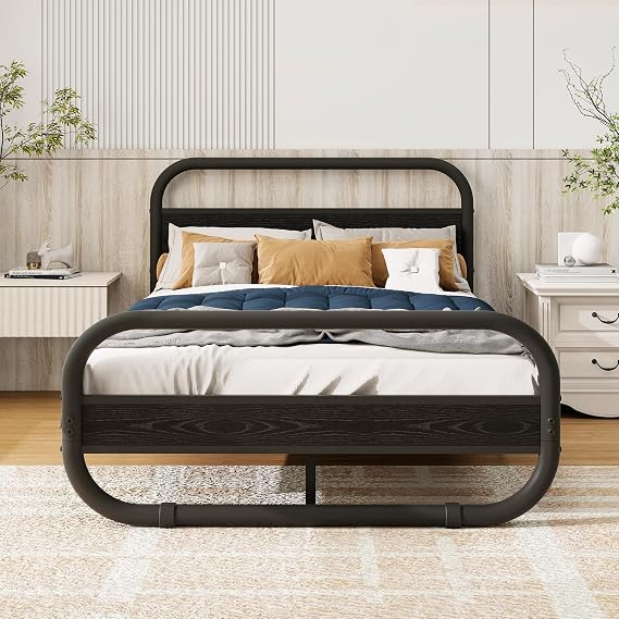 4ft6 Double Bed Frame with Headboard,Bed Base,Black