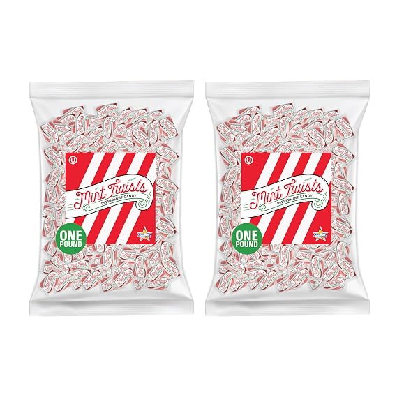 Atkinson's Natural Mint Twists Peppermint, Red and White, 2 lb Candy Bag | Bulk wrapped soft mints, gluten free, kosher, vegan. Great for events and dishes. Texas made since 1932.