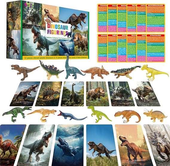 12 PCS Dinosaur Figurines with 12 Introducing Flashcards, Portable Dinosaur Figurines Montessori Toys Science Educational Matching Game for Homeschool Preschool Toddler Kids
