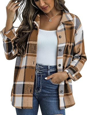 Traleubie Womens Flannel Jacket Plaid Shacket Lapel Button Down Long Sleeve Shirt Color Block Casual Coat