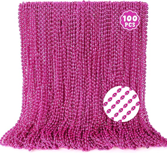 100PCS Breast Cancer Awareness Accessories, Oval Pink Bead Necklace Party Favors, 32" Metallic Mardi Gras Necklace Stuff, Festival Parade Throw Accessories for Wedding Birthday Celebrations Decor