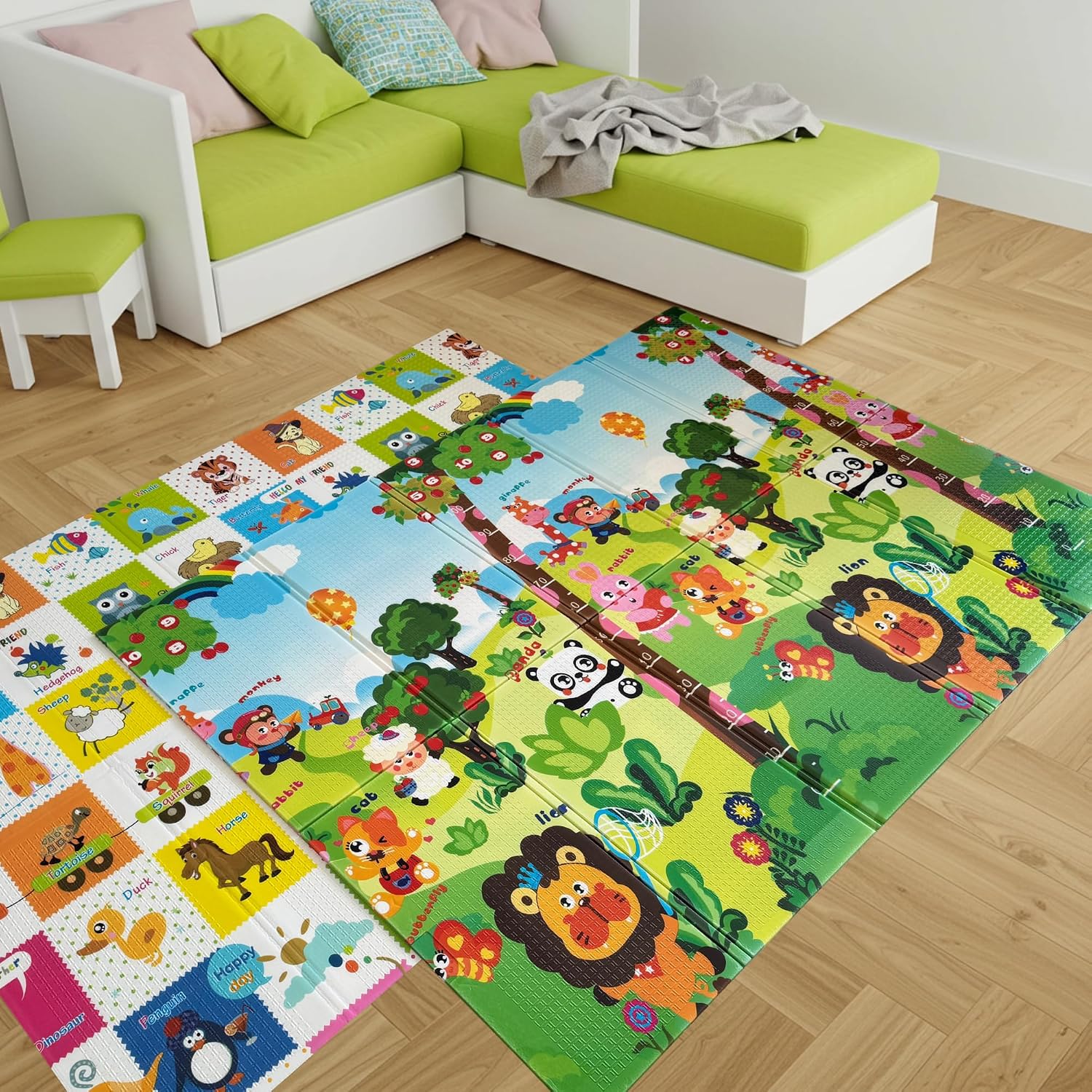 Happy Jungle Çift Taraflı Katlanabilir Oyun Halısı ve Matı Premium Seri – Taşıma Çantalı (180X150)