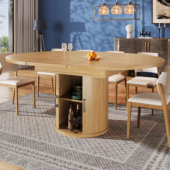 Extendable Dining Table, 118-158cm Round Kitchen Table with Cabinets and Doors, Modern Multifunctional Kitchen Furniture with Storage Space & Shelves, Extends to Oval (Natural)