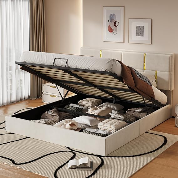 JIVOIT Upholstered Platform Bed with Hydraulic Storage System, Queen Size Storage Bed with Headboard and Wood Slats Support, Space Saving Wood Platform Bed Frame for Bedroom (Beige,Bed,5)