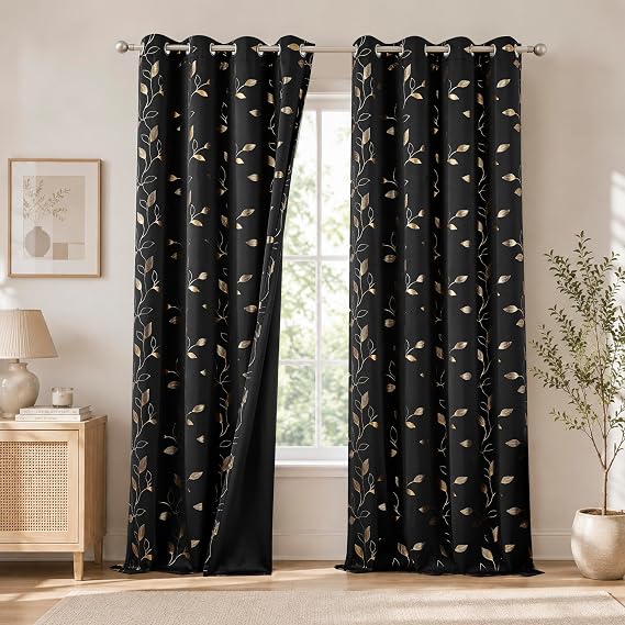Bujasso Black Blackout Curtains Print Golden Leaf Patterned 54"x72" Grommet