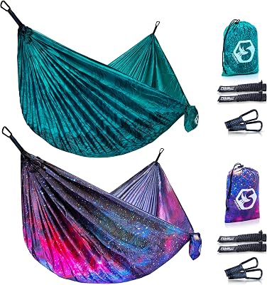 Foxelli Camping Hammock Bundle of 2 Lightweight Parachute Nylon Portable Hammocks with Tree Ropes and Carabiners