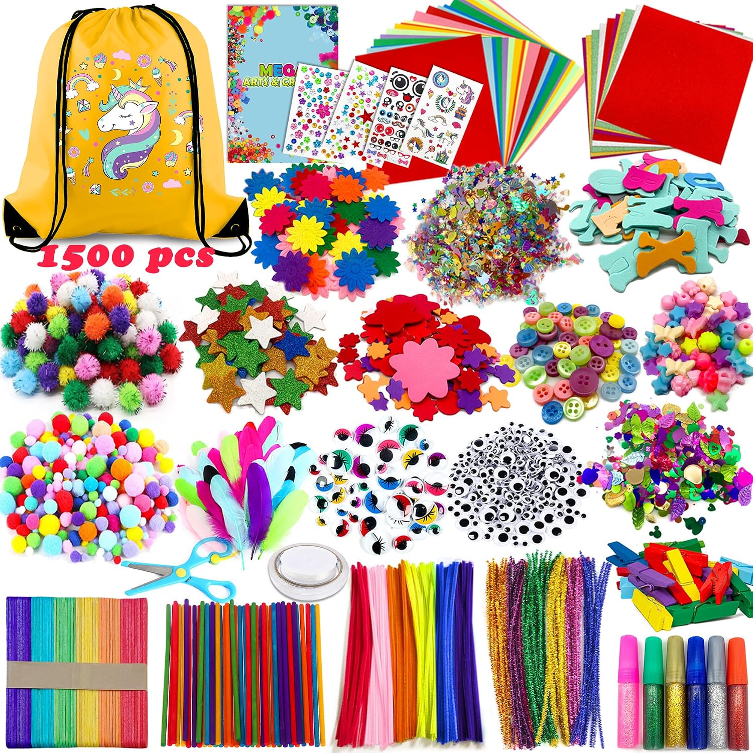Chennyfun 1500pcs Arts and Crafts Supplies for Kids, Craft Art Kits for Toddlers with Unicorn Storage Bag, All in One D.I.Y. Crafting Set Includes Pom Poms, Feathers, Beads, Supply for Kids Ages 4-12