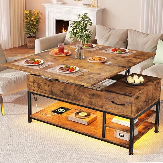 Coffee Table Height Adjustable with LED for Living Room Home Office