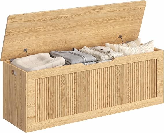 Akxomel 51.2" Fluted Storage Chest Wooden Storage Trunk 2 Safety Hinges Oak