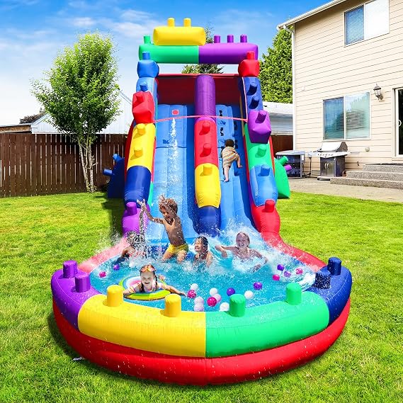 Inflatable Water Slide with Splash Pool & Spray - Durable, Easy Setup, Fast Drainage, Summer Outdoor Water Park Fun with Blower