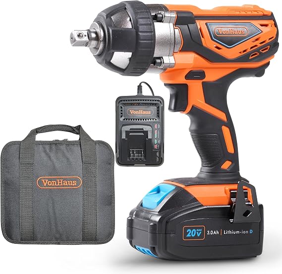 VonHaus 20V MAX Cordless 1/2" Impact Wrench Set High Torque with Variable Speed - Includes 3Ah Lithium-ion Battery, Smart Charger, Belt Hook and Tool Bag