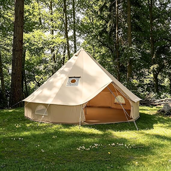 Canvas Bell Tent, Camping Tent with Stove Jack, PVC Detachable Groundsheet, Mesh Window, 4 Season Use, Yurt Hot Tents for Glamping, Family, Party