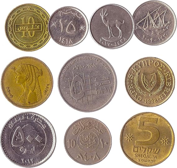 10 Different Coins from Countries in the Middle East. Mostly These Countries: Bahrain, Cyprus, Egypt, Israel, Jordan, Kuwait, Lebanon, Oman, Saudi Arabia, United Arab Emirates, and Turkey