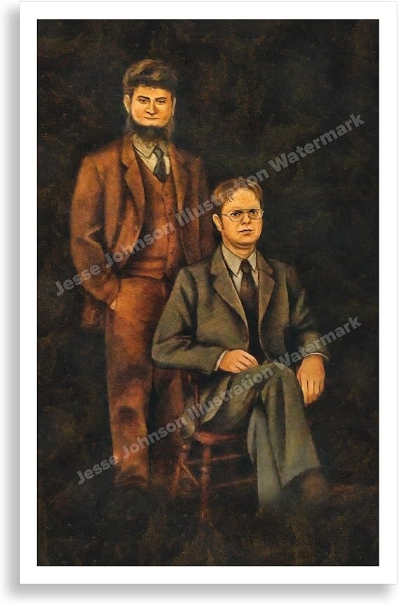 Dwight Schrute & Mose Schrute Portrait The Office Poster Decor | Dunder Mifflin Merchandise & Funny Wall Art | Michael Scott Threat Level Midnight Quote Print | TV Show Comedy Gift for Fans, Man Cave, or Office Wall