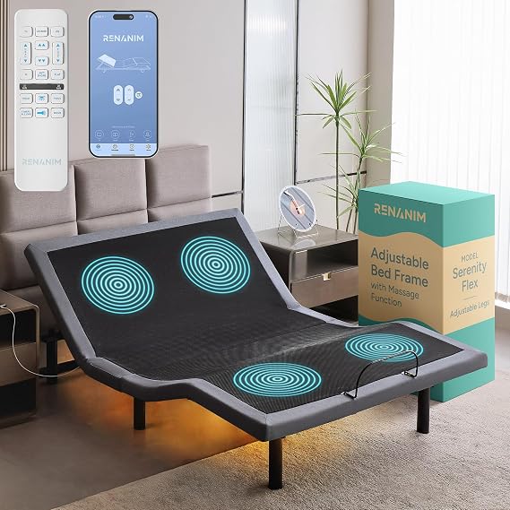 SFE Full Size Adjustable Bed Frame - Zero Clearance Smart Frame, Electric Massage, Wireless Remote for Head & Foot Lift, 3 Height-Adjustable Legs - Zero Gravity, Underbed Lights & 4 USB Ports