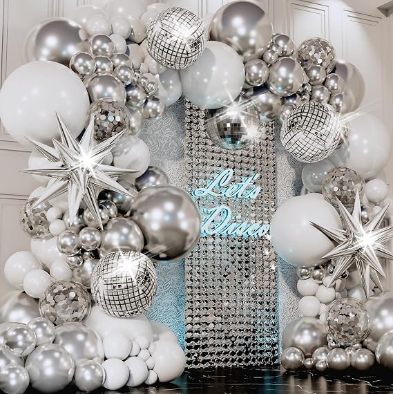 ALL-IN-1 Disco Balloon Arch Kit with BONUS Disco Ball Balloon for Party Decorations - Silver & White Balloons Garland for Disco Ball Party Decoration & Silver Party Decorations -Disco Balloons
