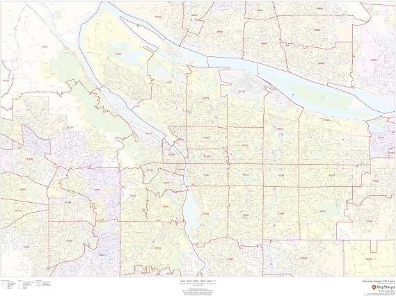 Portland, Oregon Zip Code Maps - 48" x 36" Laminated Wall Map