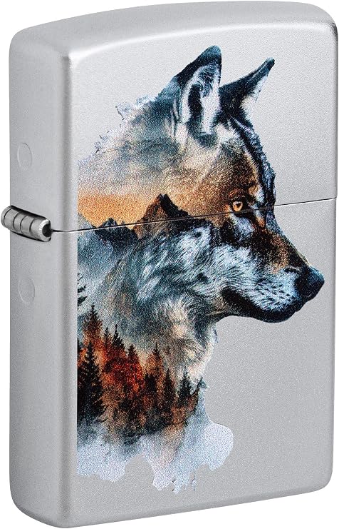 Zippo Lighter: Wolf with Mountains - Satin Chrome 46870