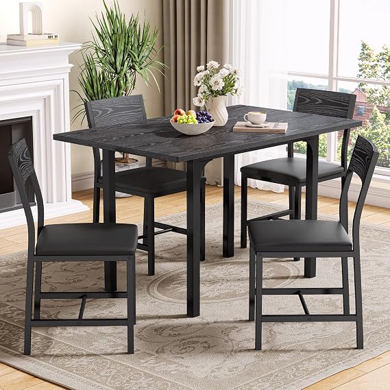 IRONCK Dining Table Set for 4, Extendable Kitchen Table Chairs Set of 4 | Dining Room Table with 4 Upholstered Chairs, Folding for Small Space, Apartment, Black