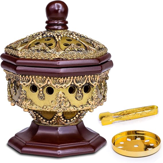 AM Lux Octagon Incense Burner Charcoal Bakhoor, Cone & Frankincense Resin Holder | Mabkhara for Office, Spiritual Room & Islamic Gifts (Bronze)