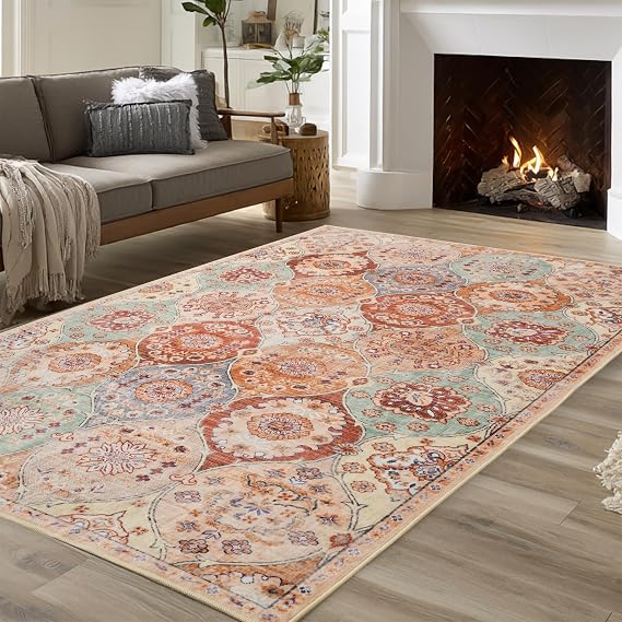 XWZO 5x7 Area Rugs Washable Rug for Living Room,Non-Slip Bedroom Rug Vintage Print Pattern Large Carpet for Office Dining Room Low Piles Indoor Carpet,Cream/Multi,5x7