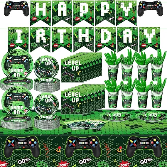 Tiamon 172 Pcs Video Game Party Decoration - Serves 24 Gaming Party Tableware Supplies Include Happy Birthday Banner Plates Napkins Cups Forks Knives Spoon Tablecloth for Boy Kids(Green)