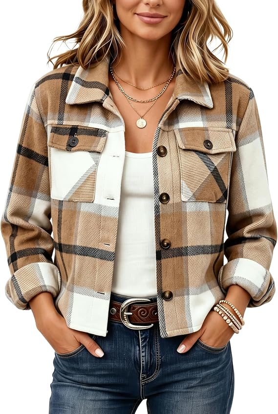 Yeokou Women's Fashion Cropped Flannel Shirt Plaid Shacket Long Sleeve Button Down Jackets Coat