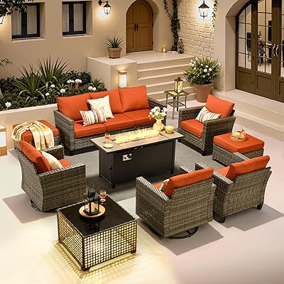 ovios 10 Pieces Patio Furniture Set with Swivel Chairs Rocking Gliders, 54 Fire Pit Table, Outdoor Sofa Couch with Solar Lights Table, Modern Deep Seat Wicker Rattan Conversation Set, Orange Red