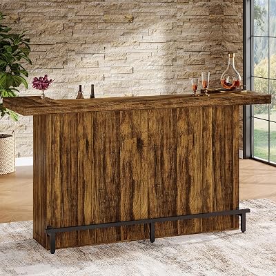 Tribesigns 4-Tier Bar Table, 70.9-Inch Large Wood Home Bar Unit with Wine Glass Holder and Black Footrest, Pub Table with Storage Shelves for Kitchen, Indoor, Brown