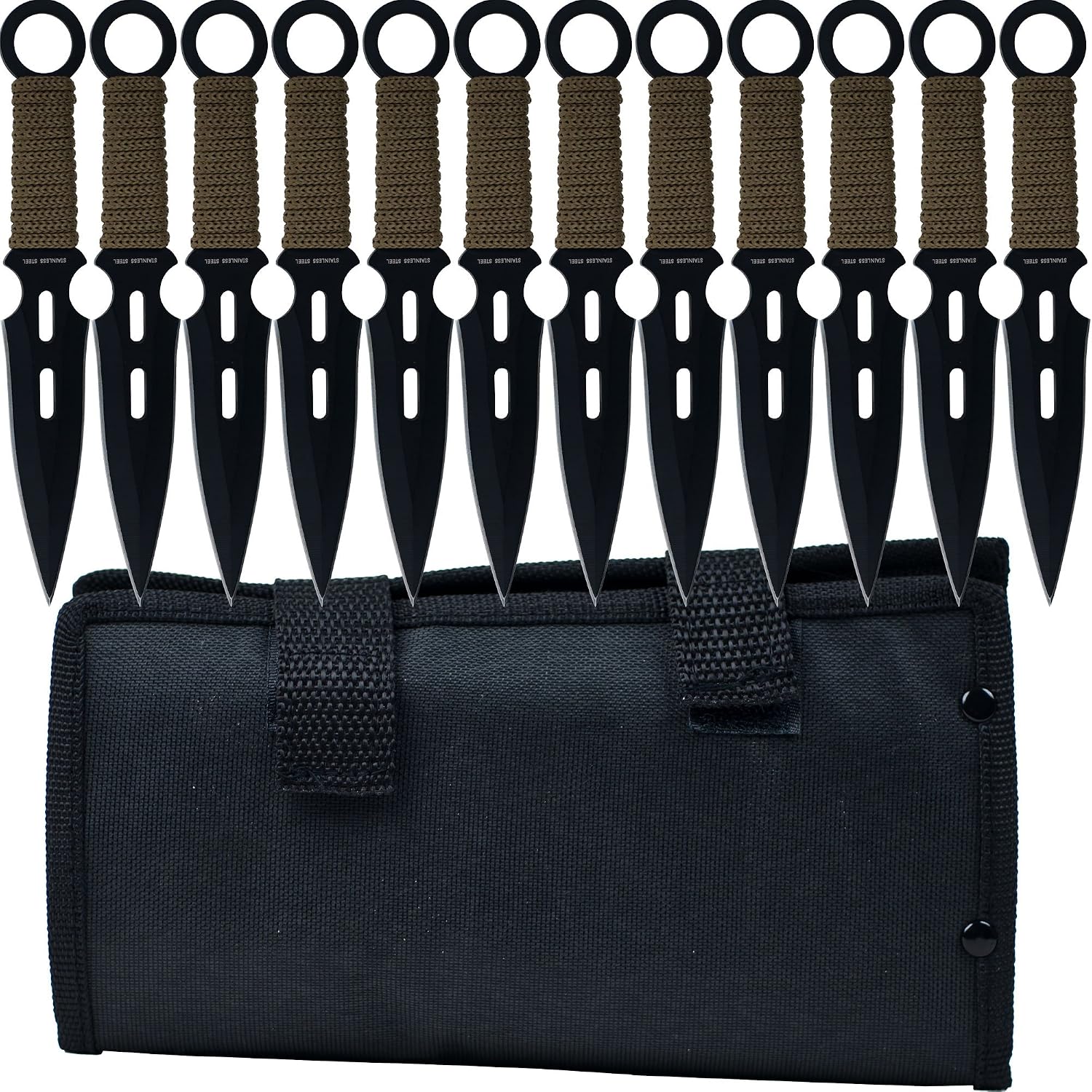 12-Piece Kunai Throwing Knife Set - Stainless-Steel Knives with Green Cord-Wrapped Handles and Nylon Carrying Case by Whetstone Black