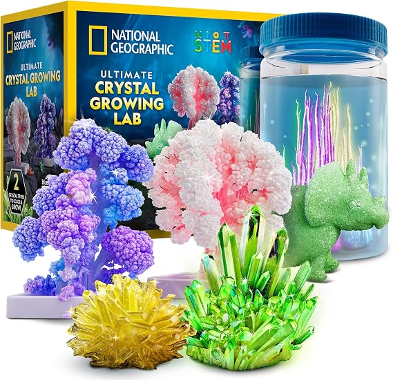 National Geographic Crystal Growing Kit with 5 Unique Activities | Glow-in-the-Dark Crystal, Underwater Crystals, Crystal Trees and Dinosaur Figure, STEM Science Activity, Birthday Gift