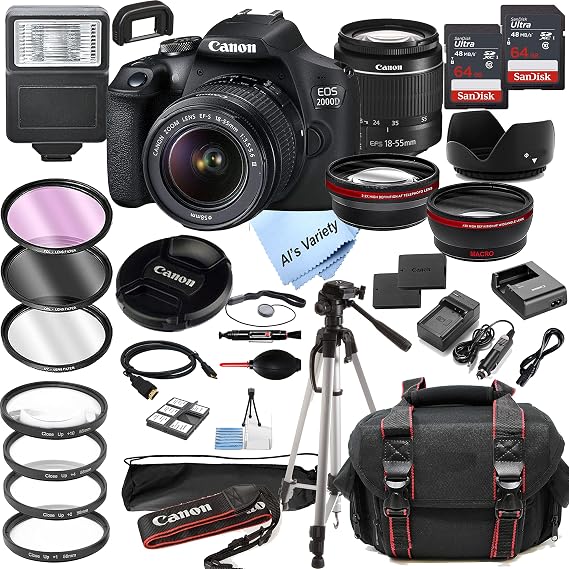 Canon EOS 2000D Rebel T7 DSLR Camera EF-S 18-55mm F/3.5-5.6 Zoom Lens + 128GB Memory + Case + Tripod + Filter Set of 36