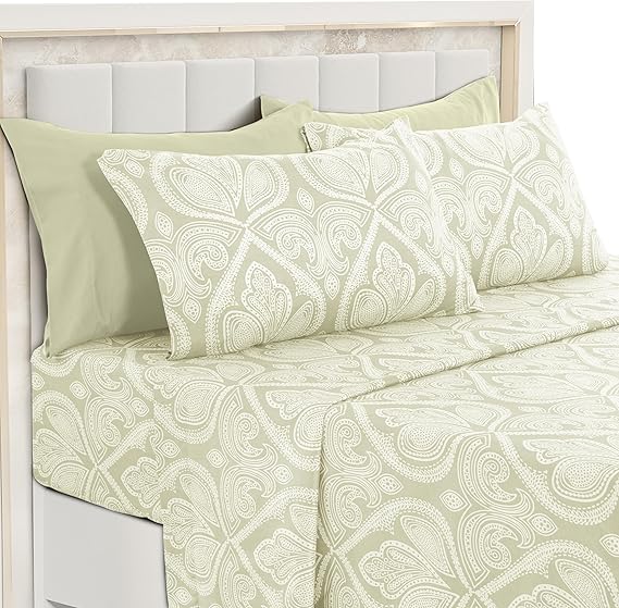 King Sheet Set 6 Piece, LUX Decor 1800 Thread Count Paisley Boho Print, Soft Microfiber 16" Deep Pocket, Fitted & Flat & 4 Pillowcases, Breathable Hypoallergenic Oeko-TEX - Ivory