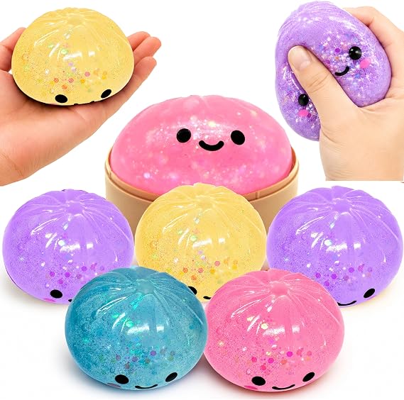 Mystery Squishy Dumpling Toy 8.5cm - 3x Random Chunky Glitter Bao Bun with Reusable Steamer Box, Slow-Rebound, Portable Anti Anxiety Toys for Kids Age 3+