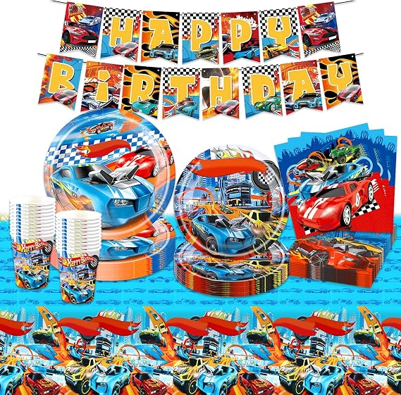 Part Car Party Tableware Set, 51PCS Auto Birthday Decorations for Boys Party Supplies Happy Birthday Banner Table Cloth Plates Cups and Napkins Kids Tableware Decoration for 10 Guests
