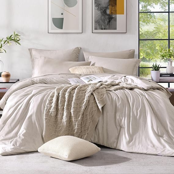 Monbix Queen Size Comforter Set 7 Pieces Oatmeal Beige Bed in a Bag