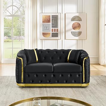 KEIKI 63" Luxury Oversized Velvet Chesterfield Sofa with 2 Pillow & Gold Stainless Decoration, Italian Modern Style 2-Seater Button Tufted Couch with Rolled Arms, Easy Assembly, for Living Room, Black