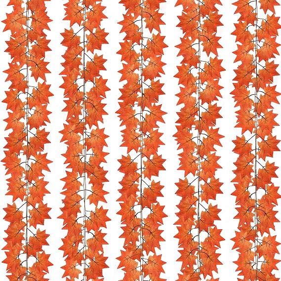 CQURE 5 Pack Fall Leaf Garland, Hanging Vines Garland Artificial Fall Maple Leaves Thanksgiving Decor for Home Wedding Fireplace Party(Deep Orange)