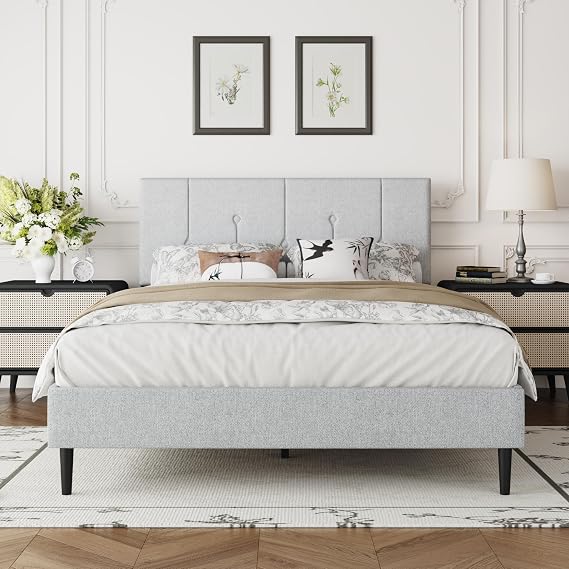 IOILORI Full Size Bed Frame Platform with Velvet Upholstered Headboard, Sturdy Wooden Slats, No Spring Box, No Noise, Easy to Assemble, Light Grey Bedframe with Strong Wooden Slats, Light Gray
