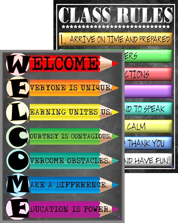 Welcome Acronym and Class Rules Posters- Laminated 14x19.5 in.- Educational Classroom Posters and Decoration, Back to School Supplies for Teachers, Charts for Preschool, Kindergarten, Elementary, Home School