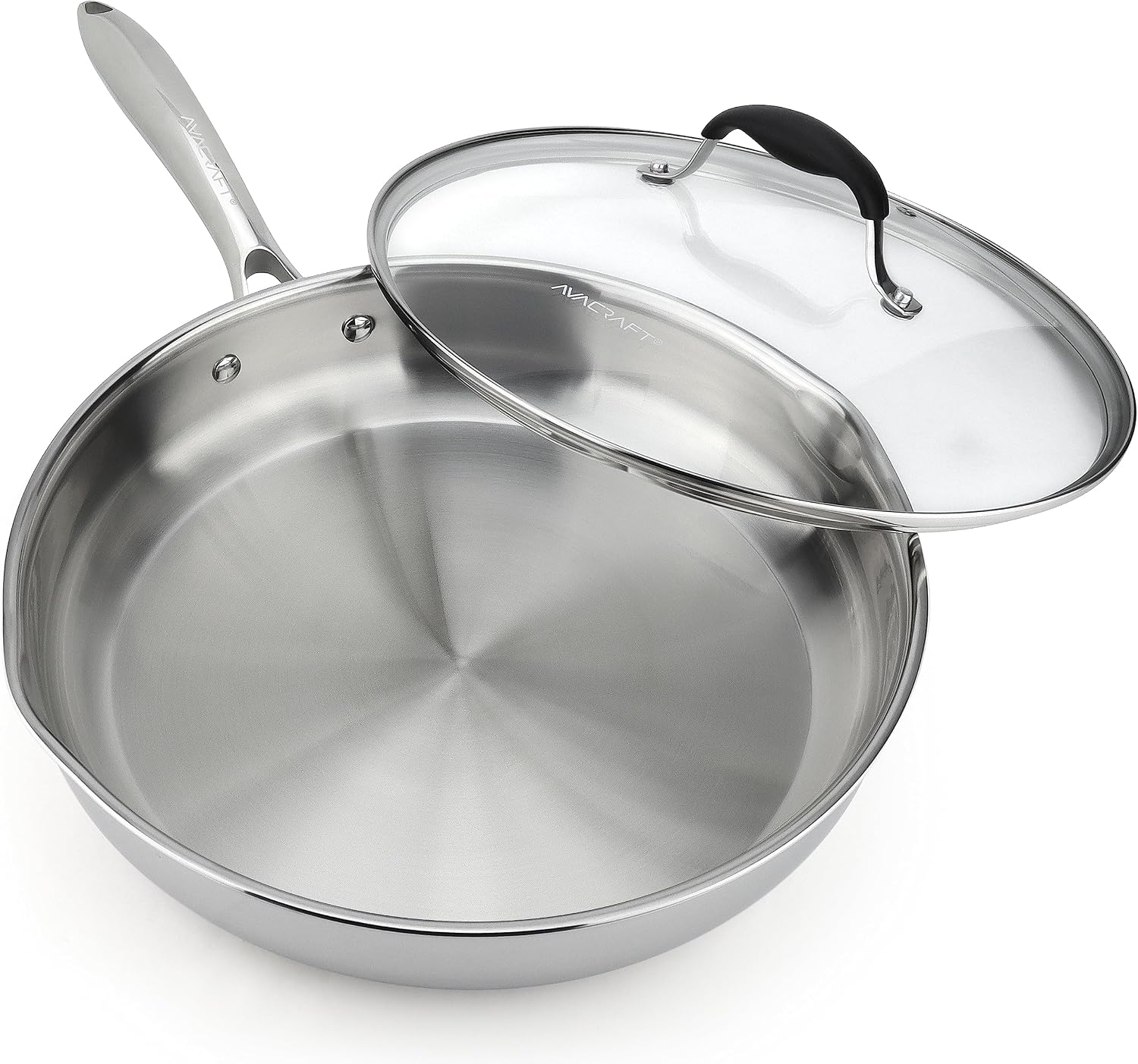 AVACRAFT 18/10 12" Stainless Steel Fry Pan with Lid Side Spout Induction Pan Universal Stainless Steel Skillet for Frying Pots and Pans Stainless Steel 12"