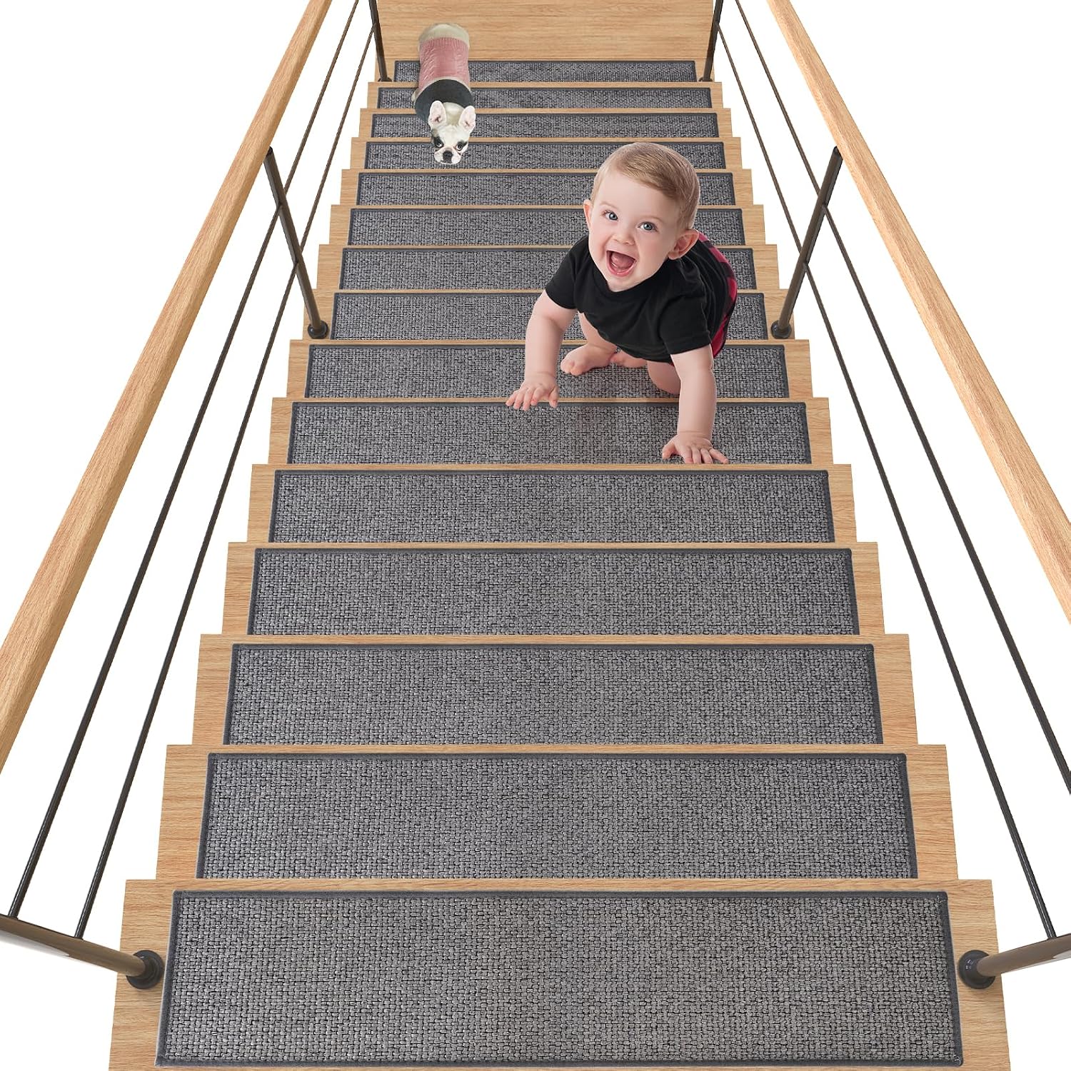 30X8 Inch Stair Mat, 15 Pack Comfortable Stair Treads for Wooden Steps, Non-Slip Stair Runner with Rubber Backing for Elderly, Children and Dogs Dark Grey