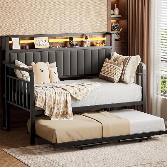 Daybed with Pop Up Trundle and LED Light, Heavy Duty Metal Twin Bed Frame with Upholstered Storage Headboard and Charging Station, Sturdy Day bed for Living Room, Bedroom and Guest Room (Brown)