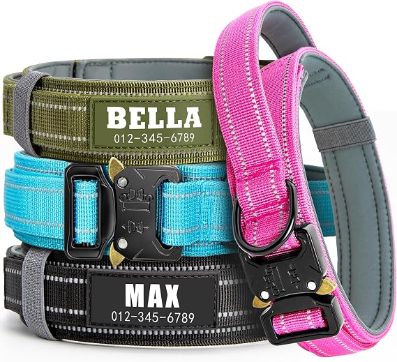 Personalized Tactical Dog Collar with Handle, Reflective & Padded