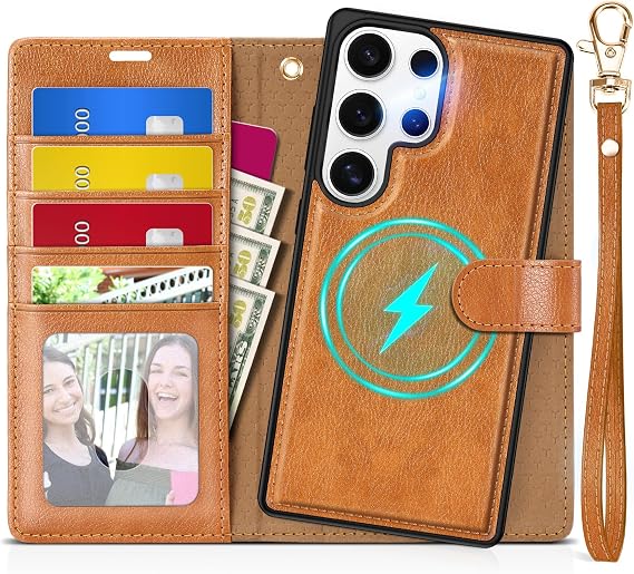 TUCCH Detachable 2-in-1 Wallet Case for Galaxy S25 Ultra, Textured Brown